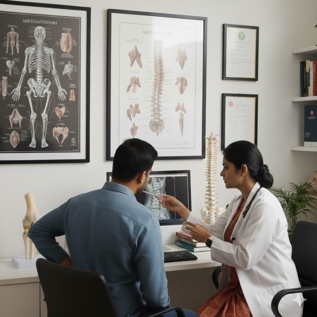 Expert MBBs,MD Doctor from Synaptica Pain Clinic consulting with patient in clinic, both seated and engaged in discussion about treatment options